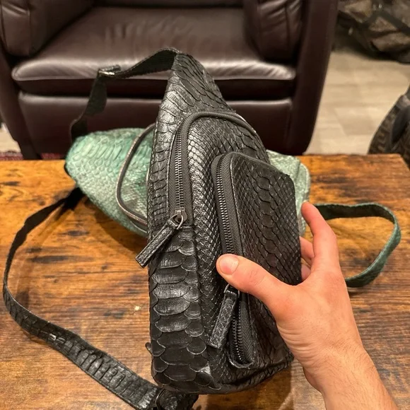 Black and Green Python Leather Men's Bag